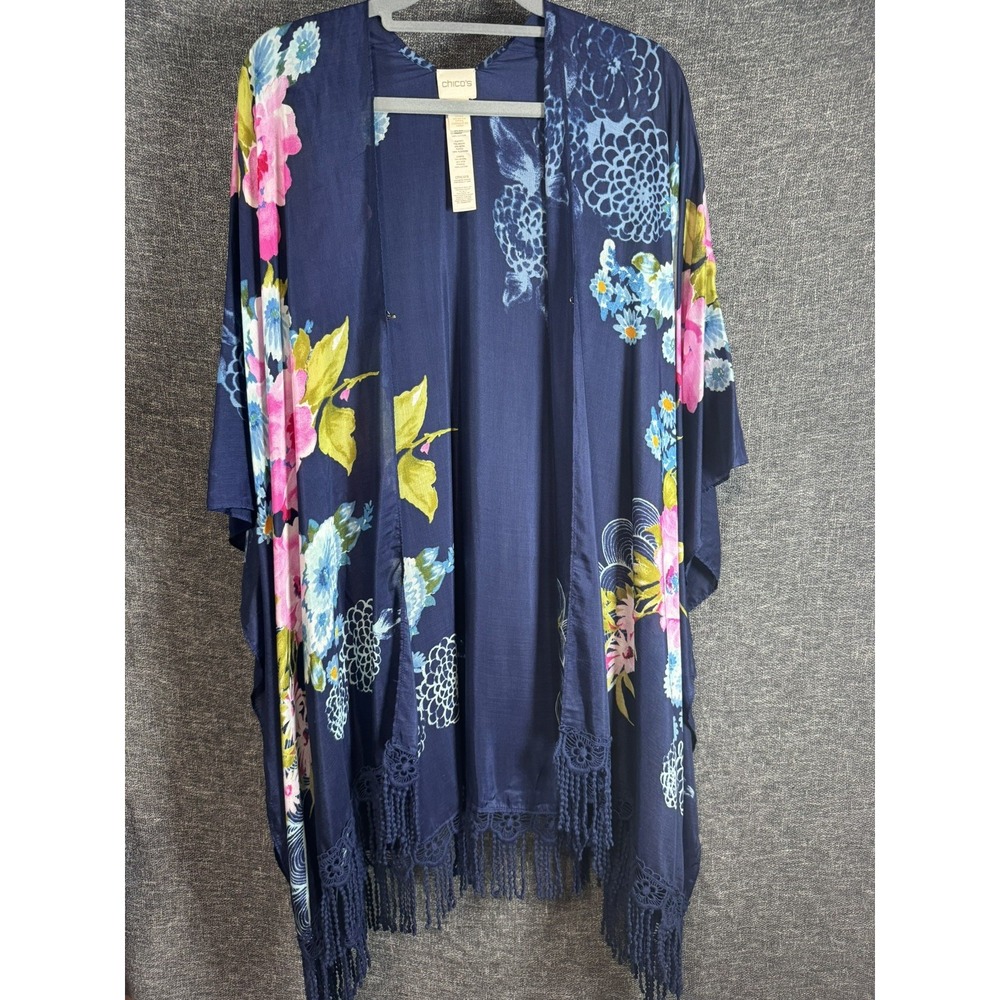 Chico's Blue L/XL Floral Garden Party Ruana Kimono Top Fringe small medium silk